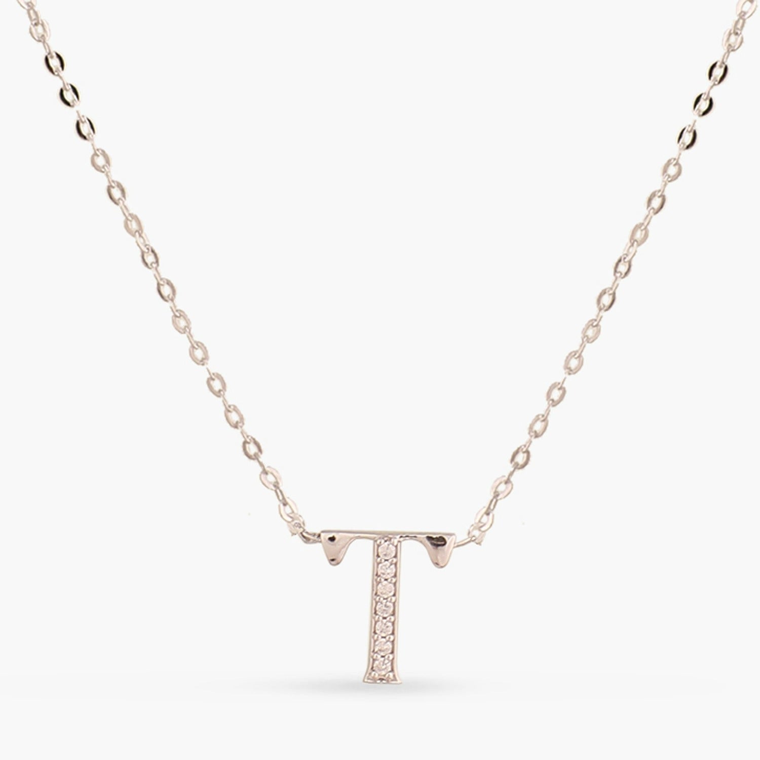 Letter T Alphabet White-Gold Plated Silver Necklace