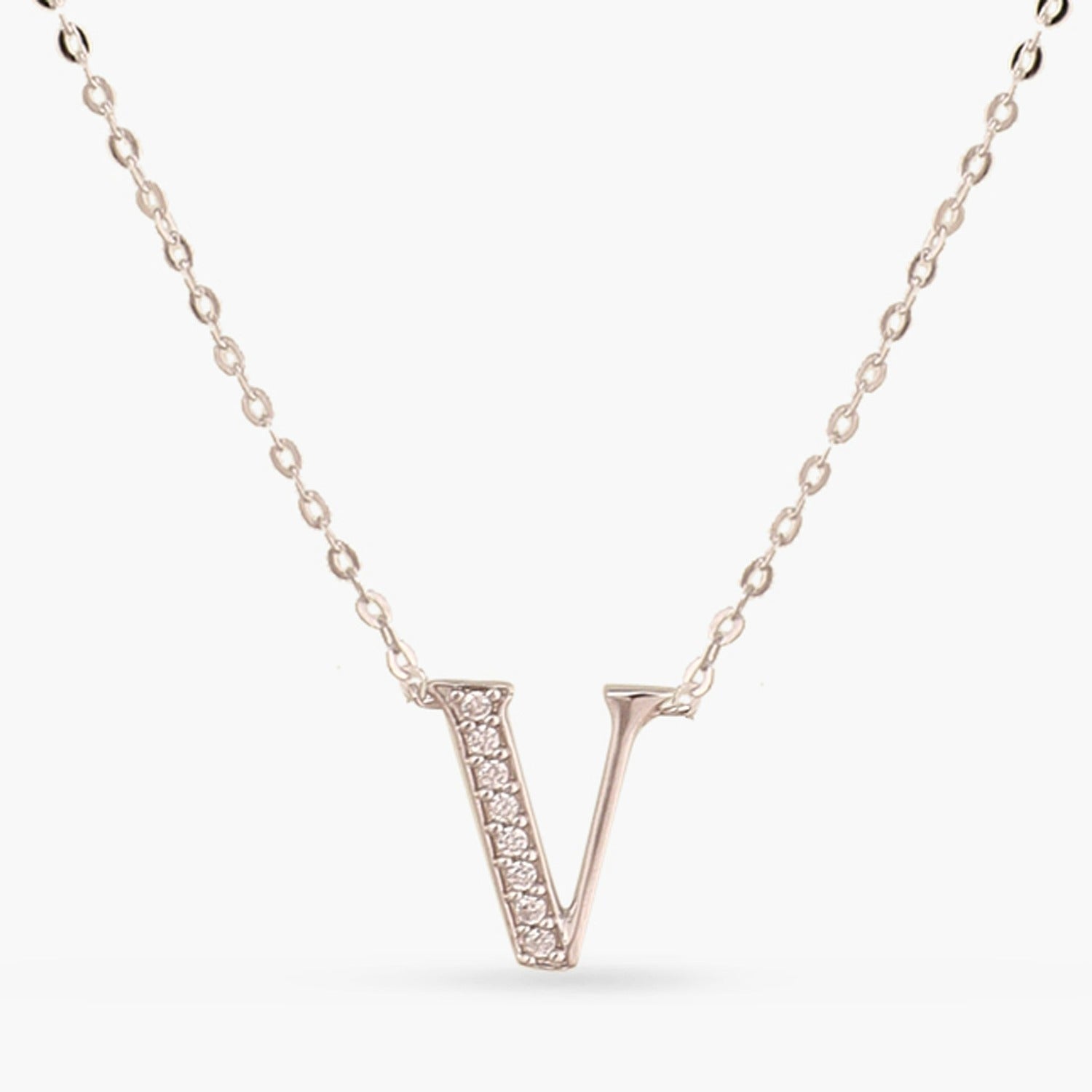 Letter V Alphabet White-Gold Plated Silver Necklace