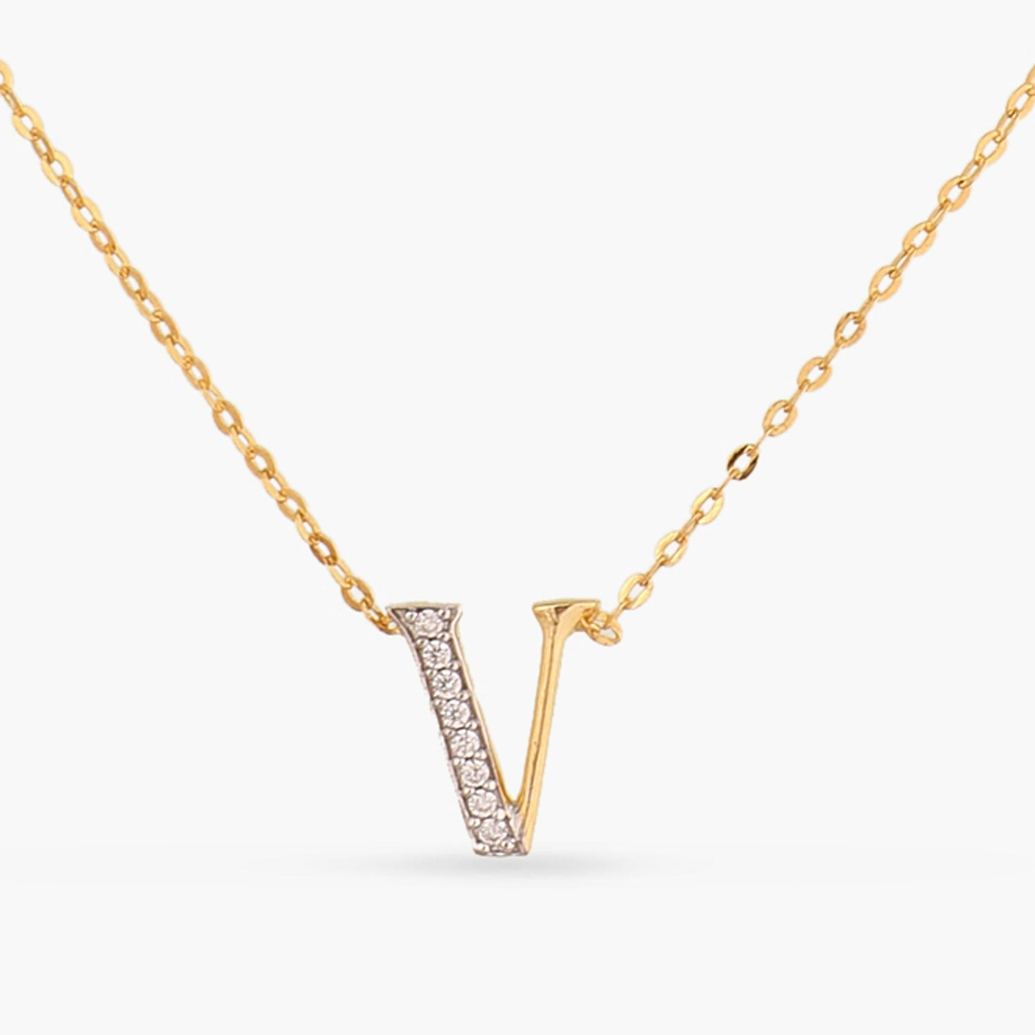 Letter V Alphabet Gold Plated Silver Necklace