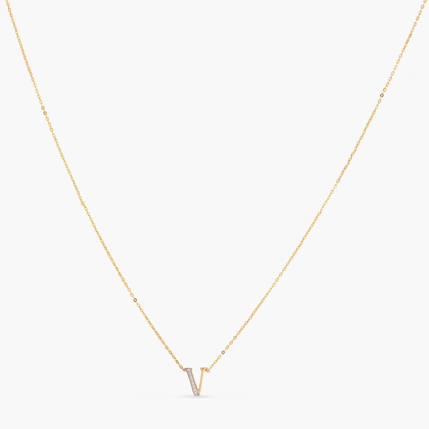 Letter V Alphabet Gold Plated Silver Necklace