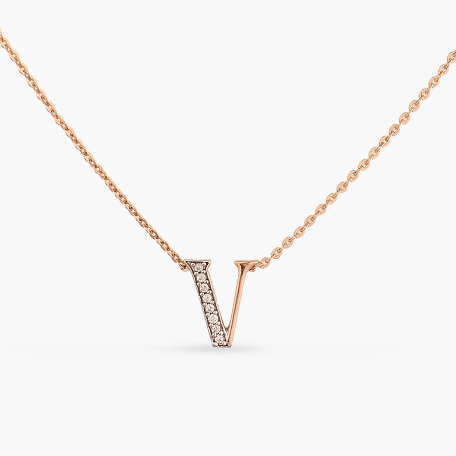 Letter V Alphabet Rose-Gold Plated Silver Necklace