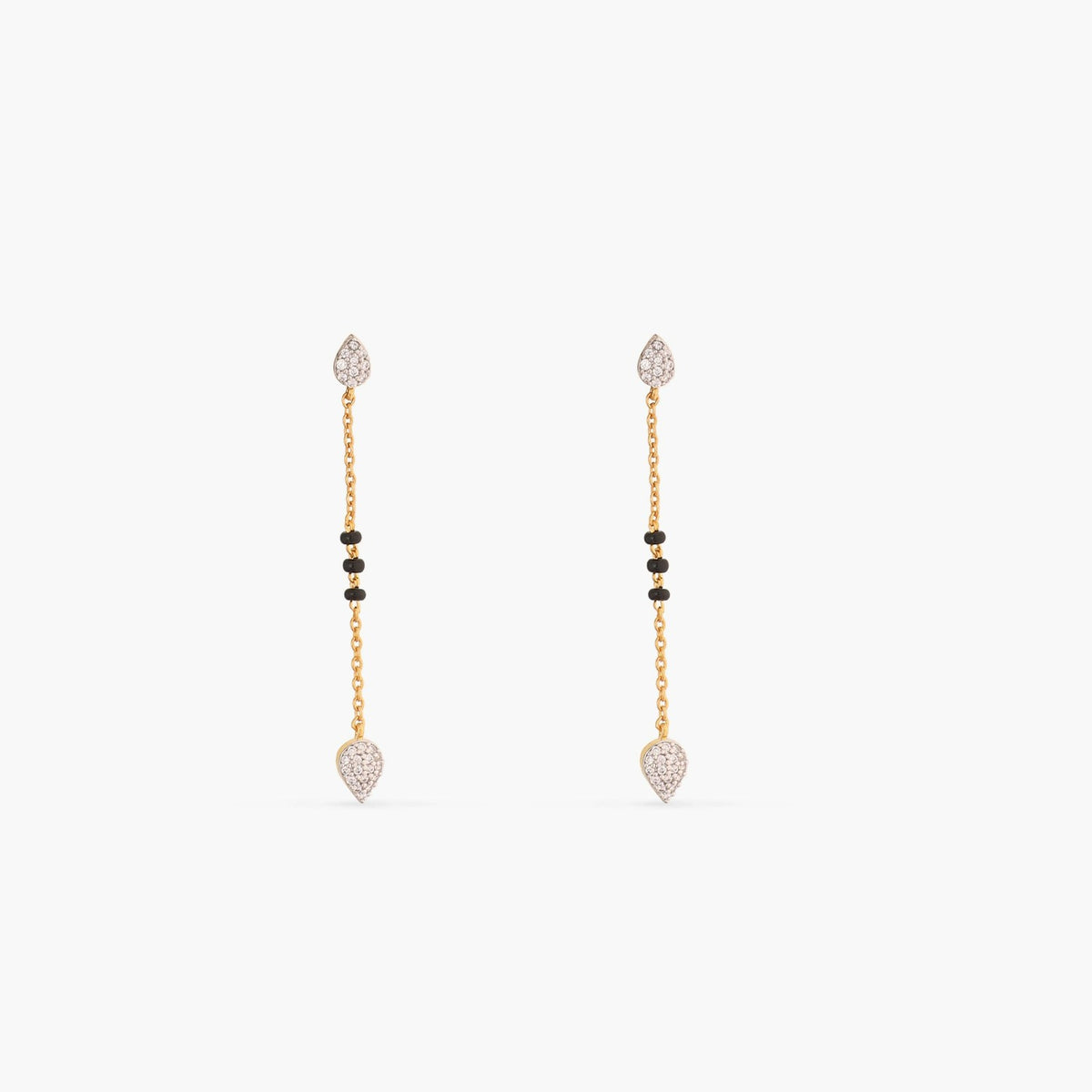 A picture of gold plated silver earrings with black beads and Cubic Zirconia on a white background.