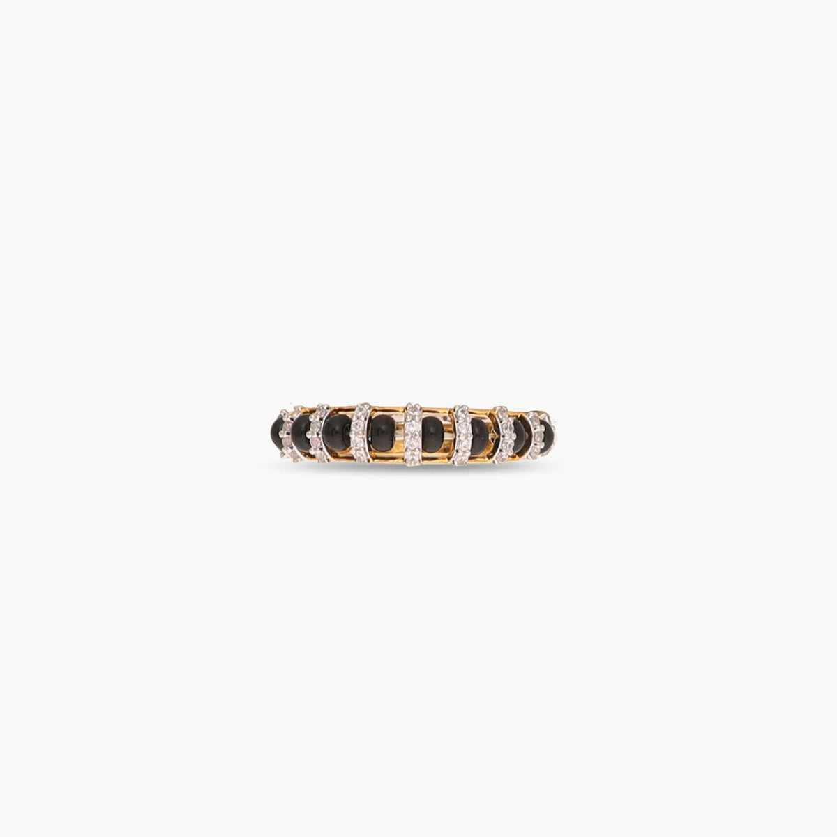 A picture of a silver finger band with black beads and Cubic Zirconia on a white background.