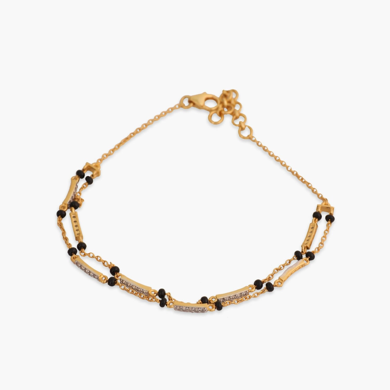 18K Solid Yellow Gold Double Strand Mangalsutra Bracelet With Gold Chain  and Black Beads, Layered Gold Bracelet, Indian Bridal Bracelet 