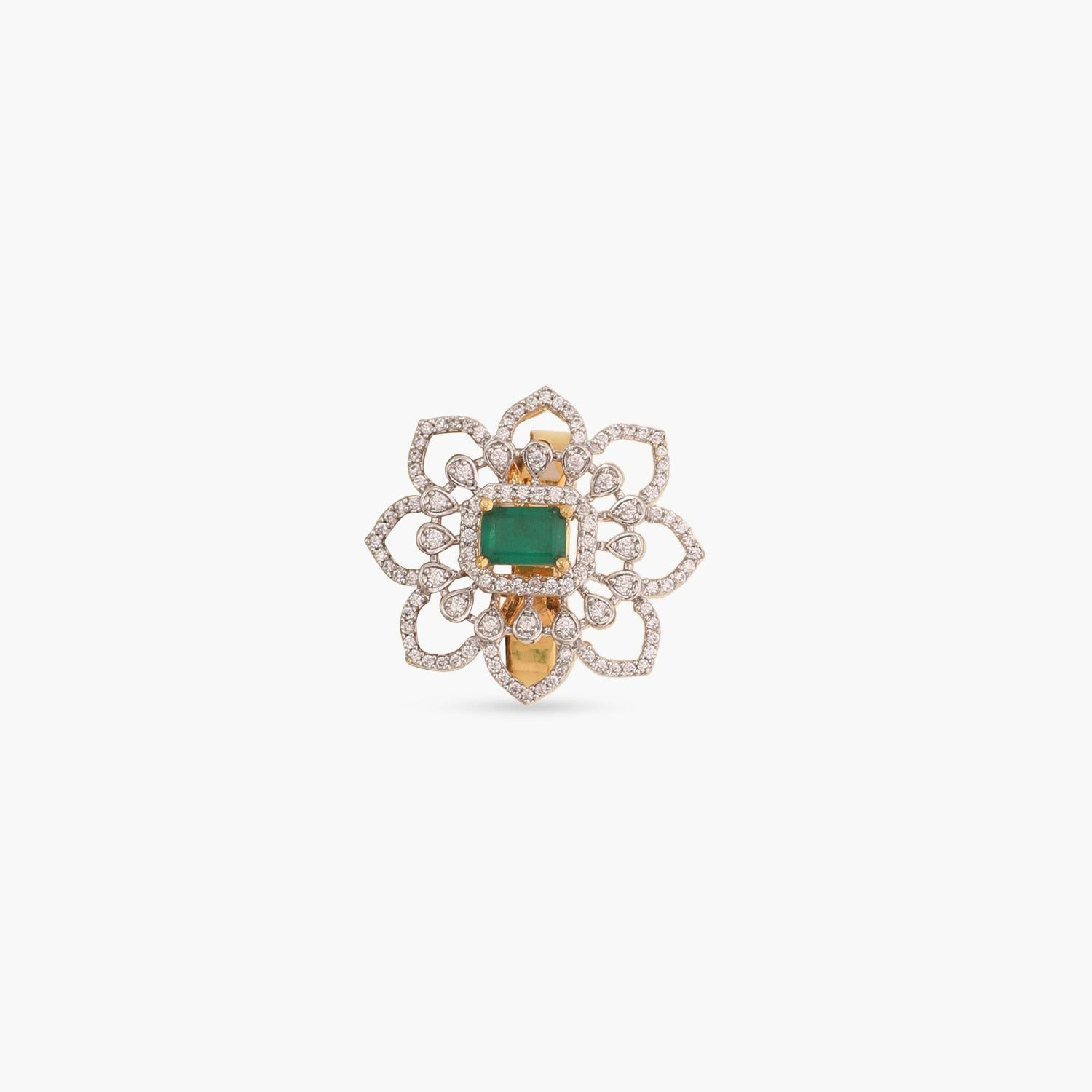 A picture of a silver ring with a green stone and Cubic Zirconia on a white background.