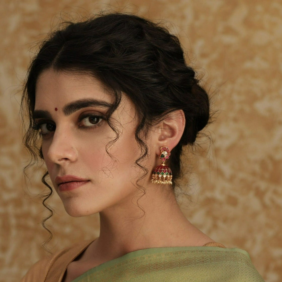 Pekham Kempu Jadau Silver Jhumka Earrings