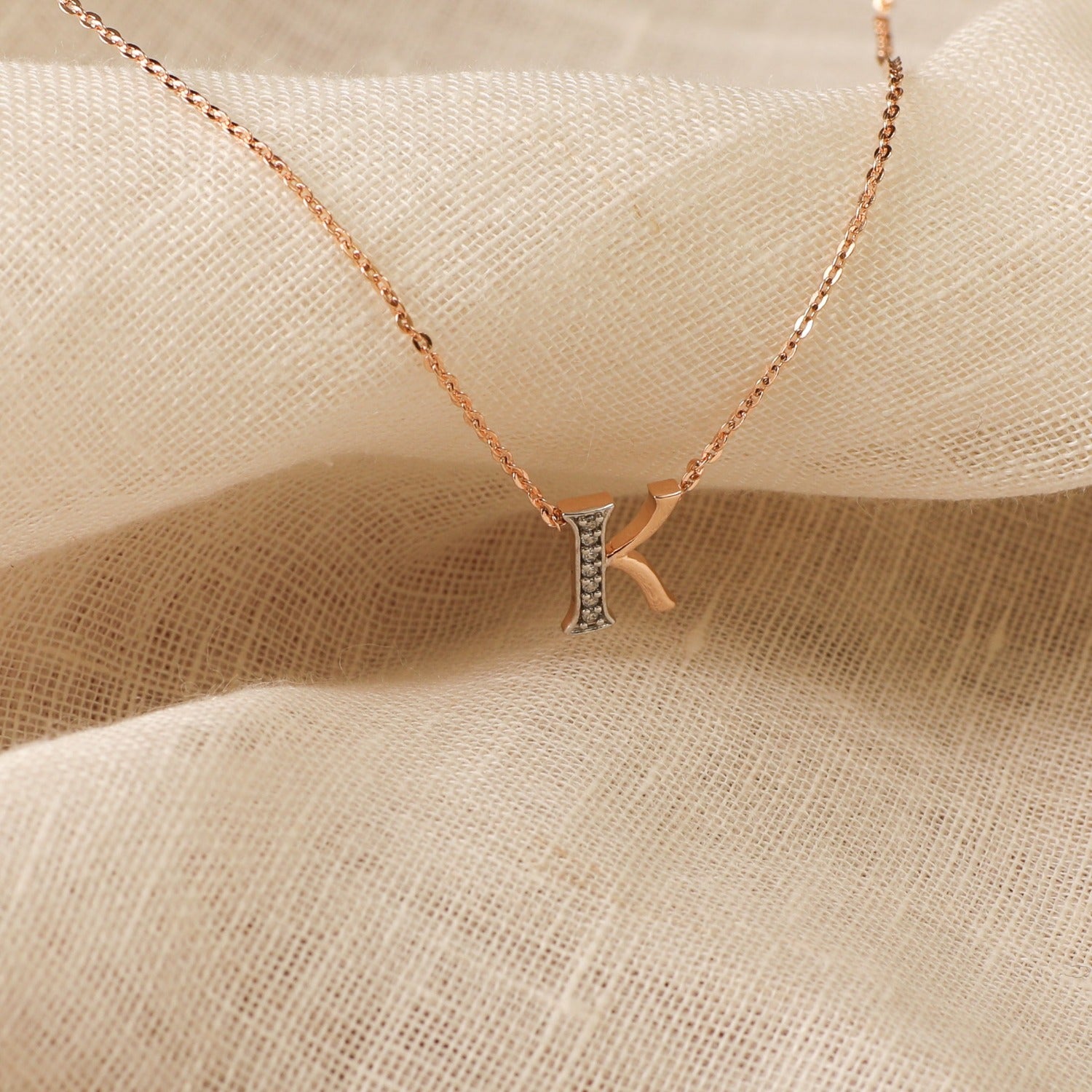 Letter K Alphabet Rose-Gold Plated Silver Necklace