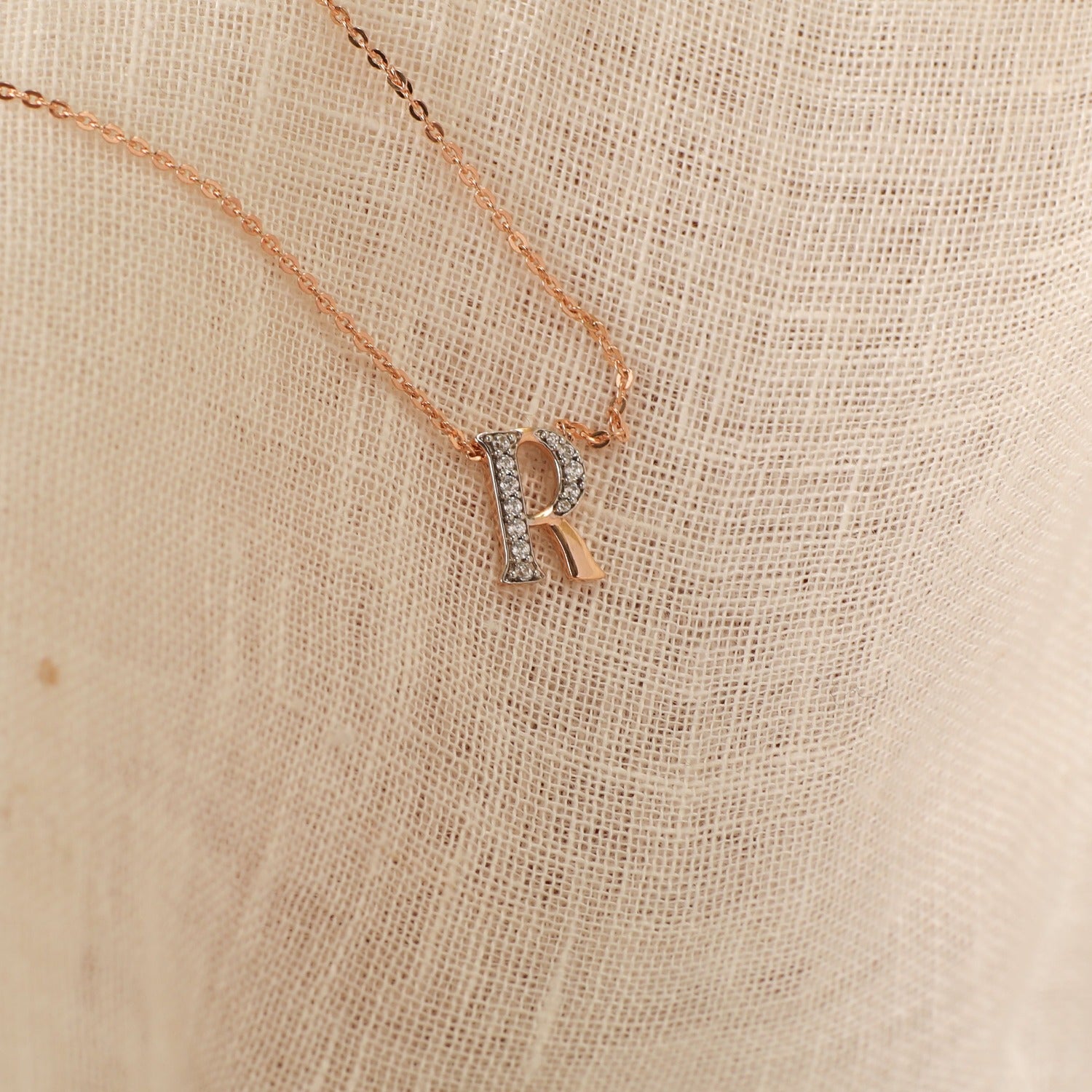 Letter R Alphabet Rose-Gold Plated Silver Necklace