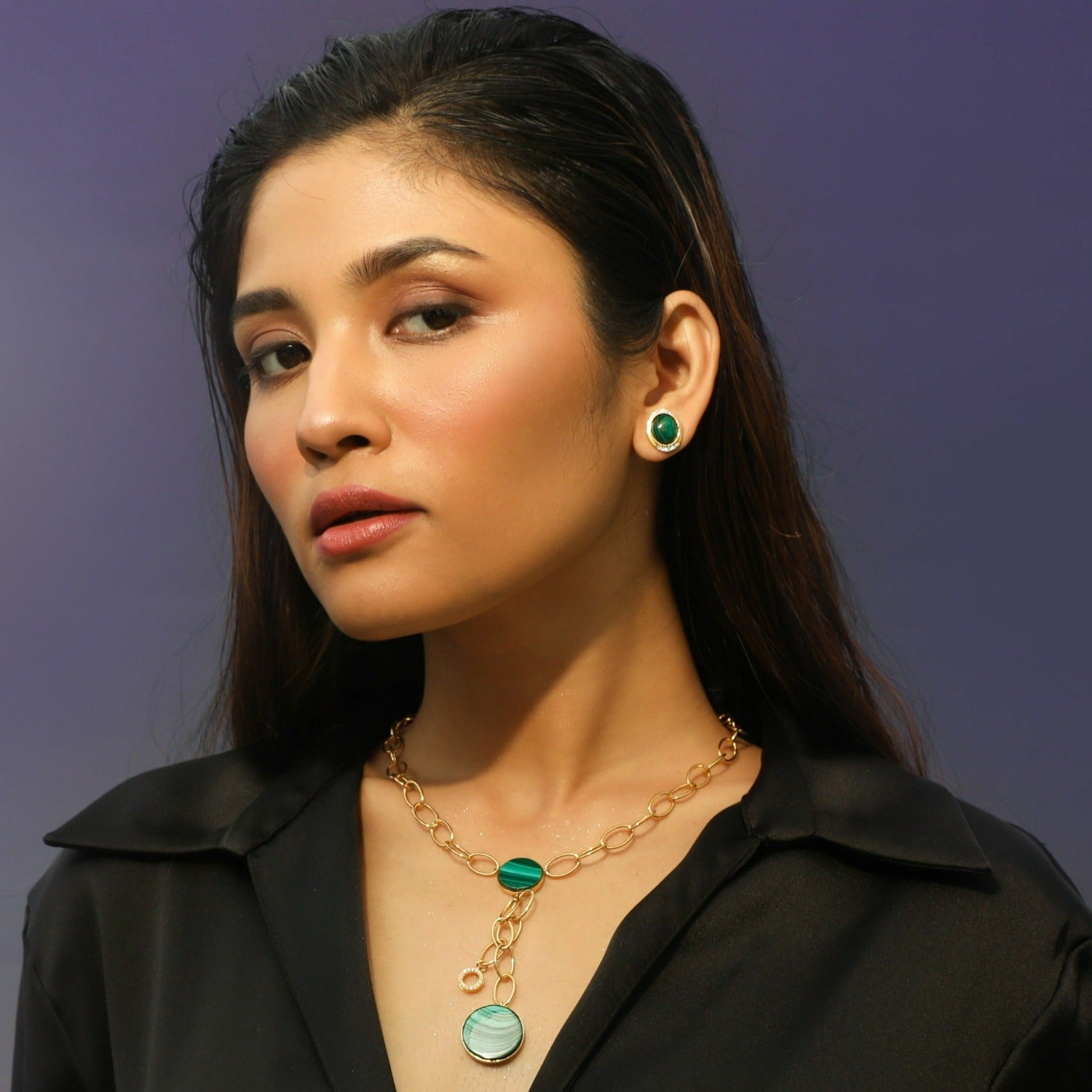 Malachite Dual Charm Silver Tie-Chain Necklace