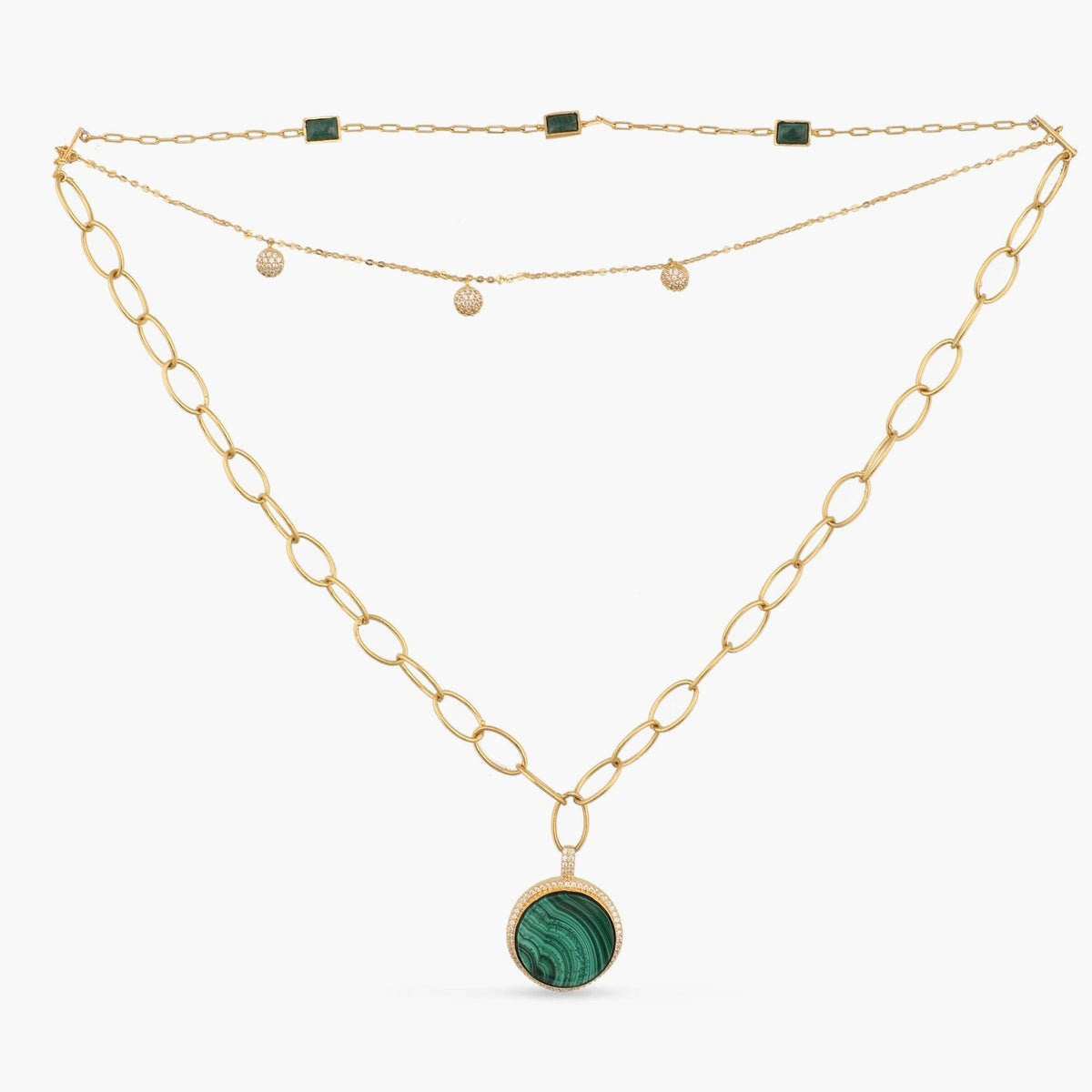 Malachite Three-Layer Round Charm Silver Necklace