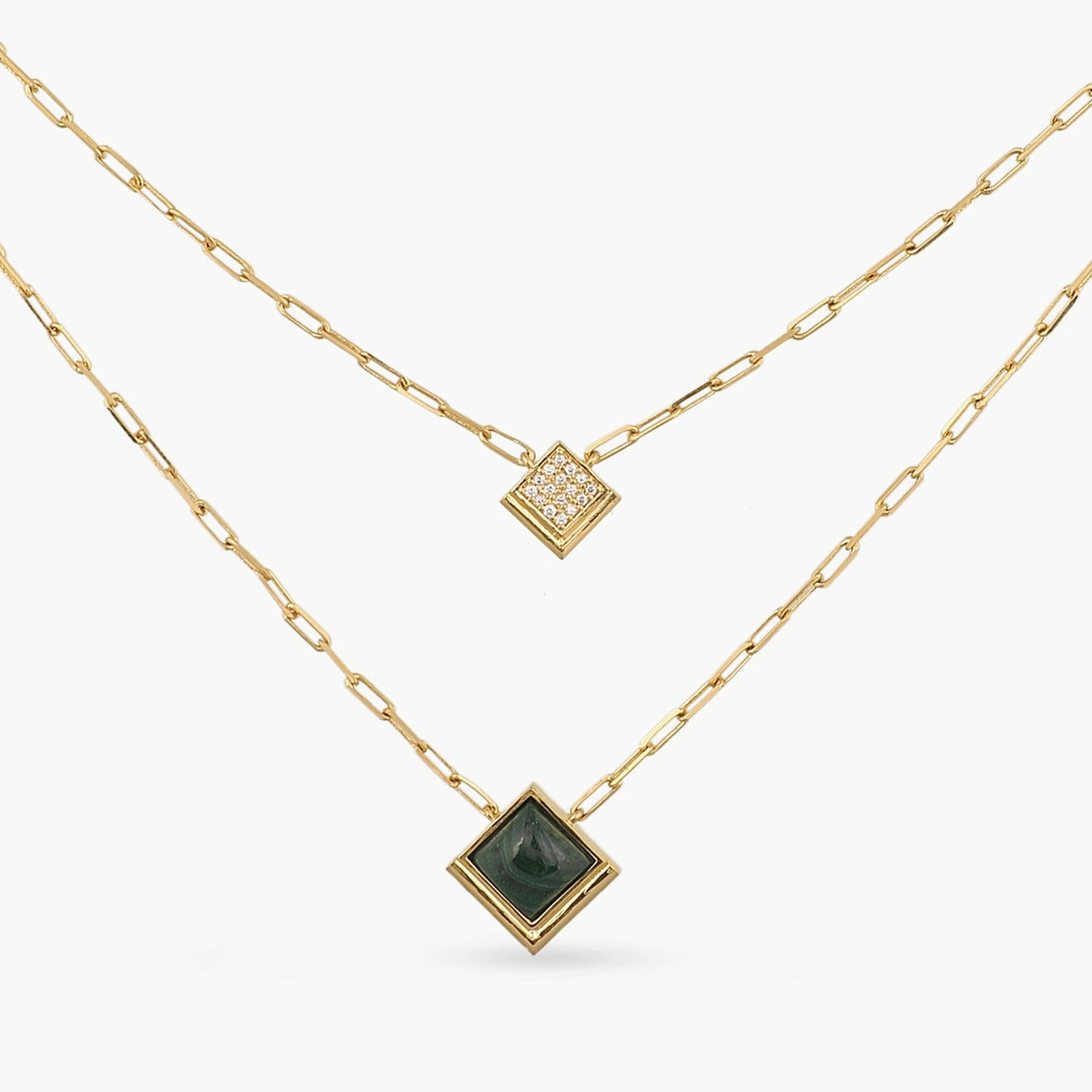 Malachite Duo Layer Square Charm Silver Necklace