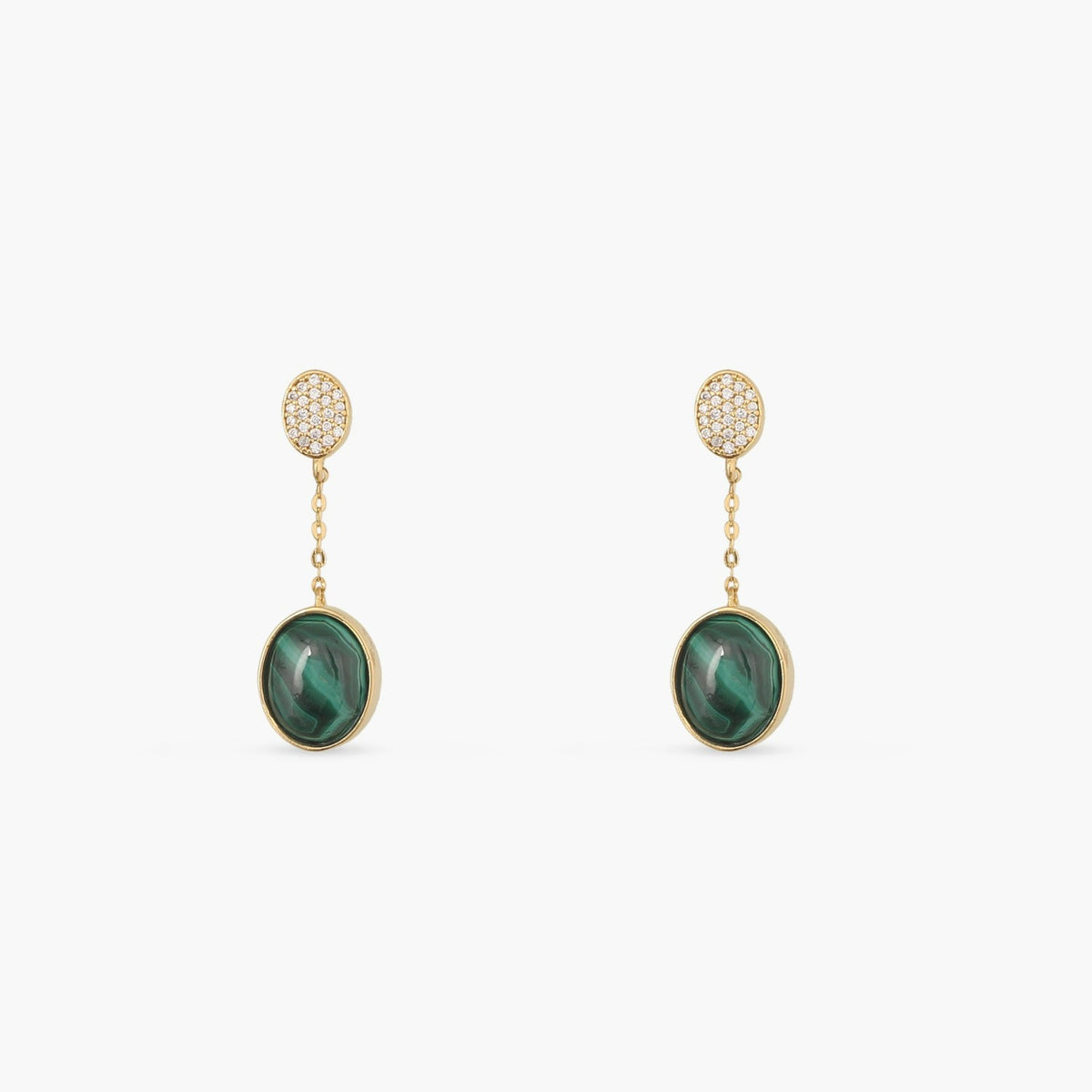 A picture of a silver drop earrings with Malachite stone and Cubic Zirconia on a white background.