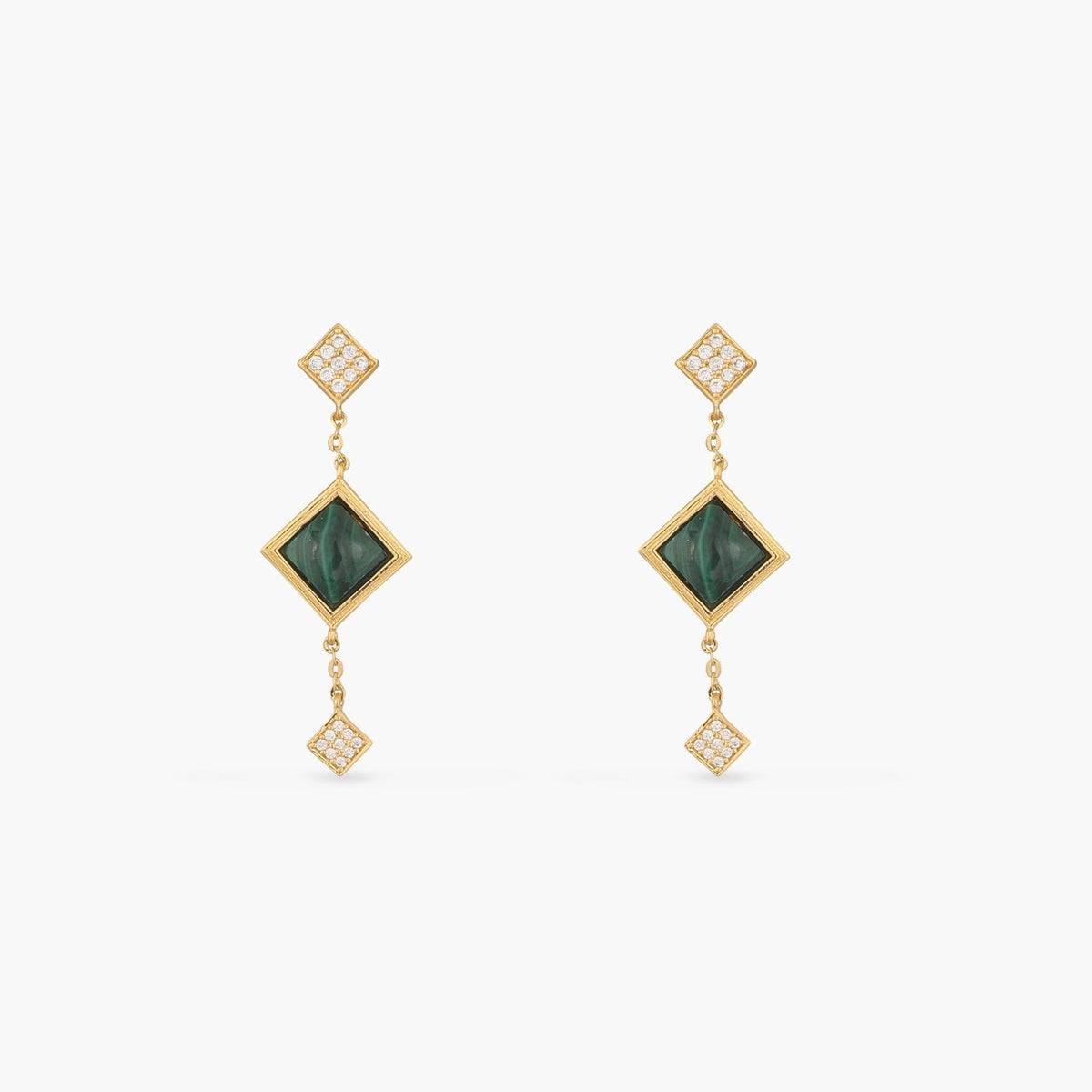 Malachite Square Charm Silver Drop Earrings