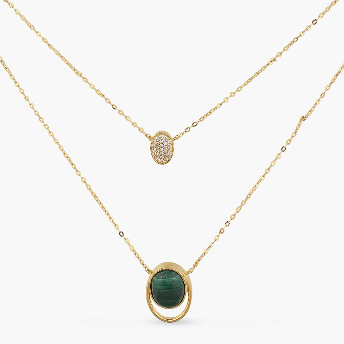 A picture of two layered gold plated silver necklace with a green stone and Cubic Zirconia on a white background.