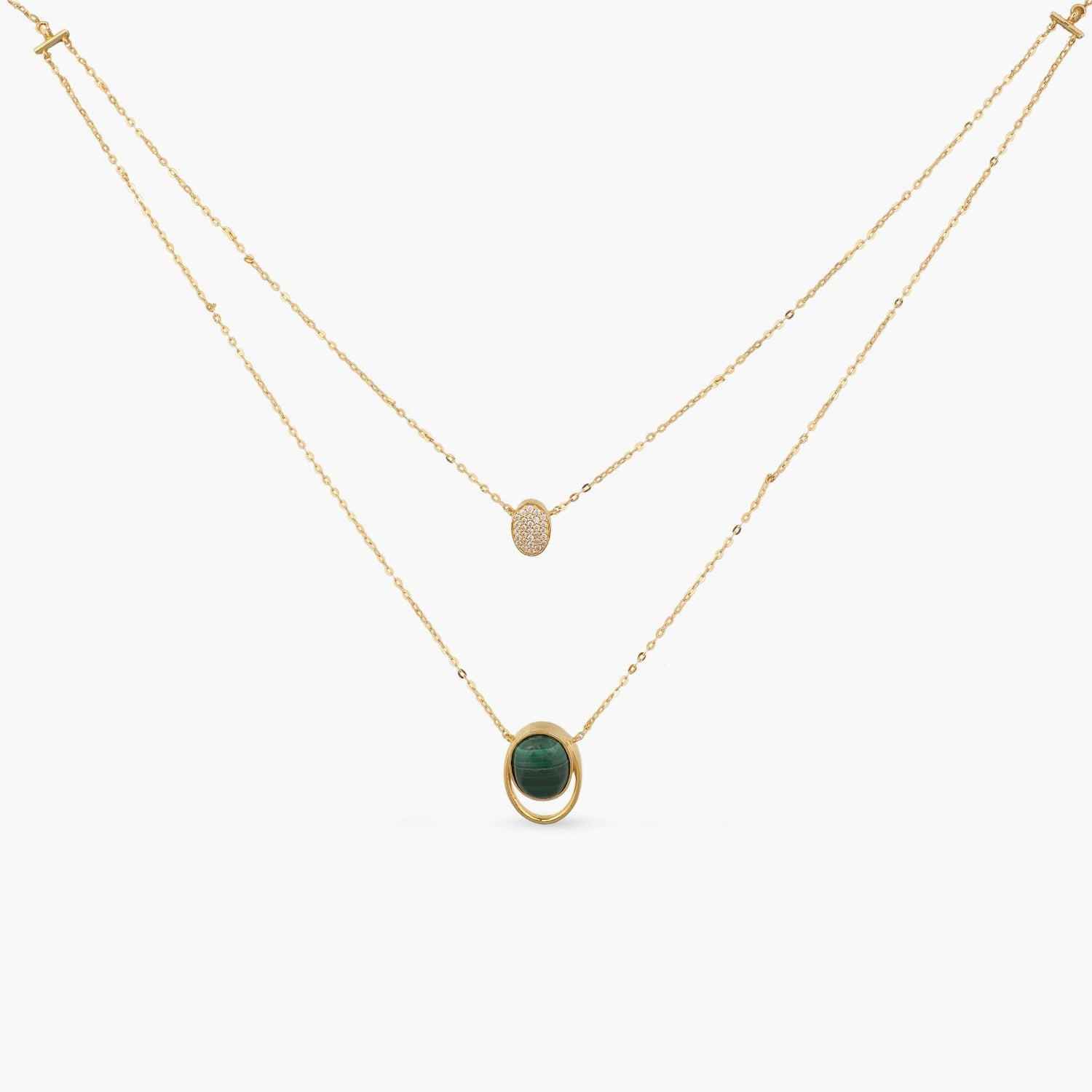 Malachite Duo Layer Oval Charm Silver Necklace