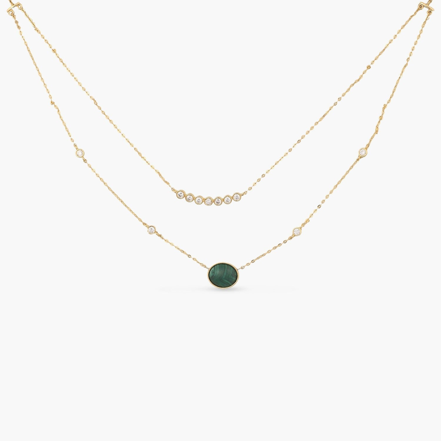 Malachite Two-Layer Statement Round Charm Silver Necklace