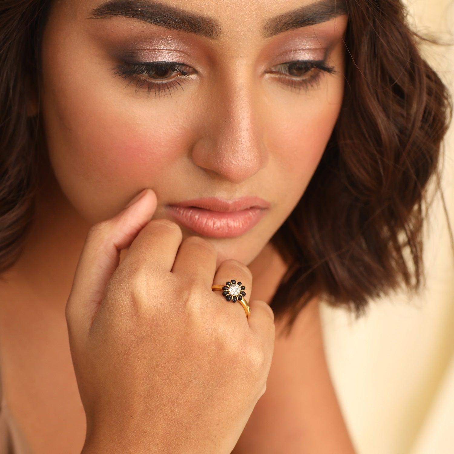 Delicate Floral CZ Silver Black Bead Ring