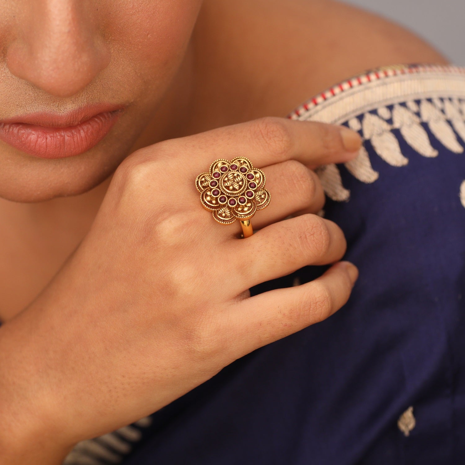 Swara Square Floral Silver Ring