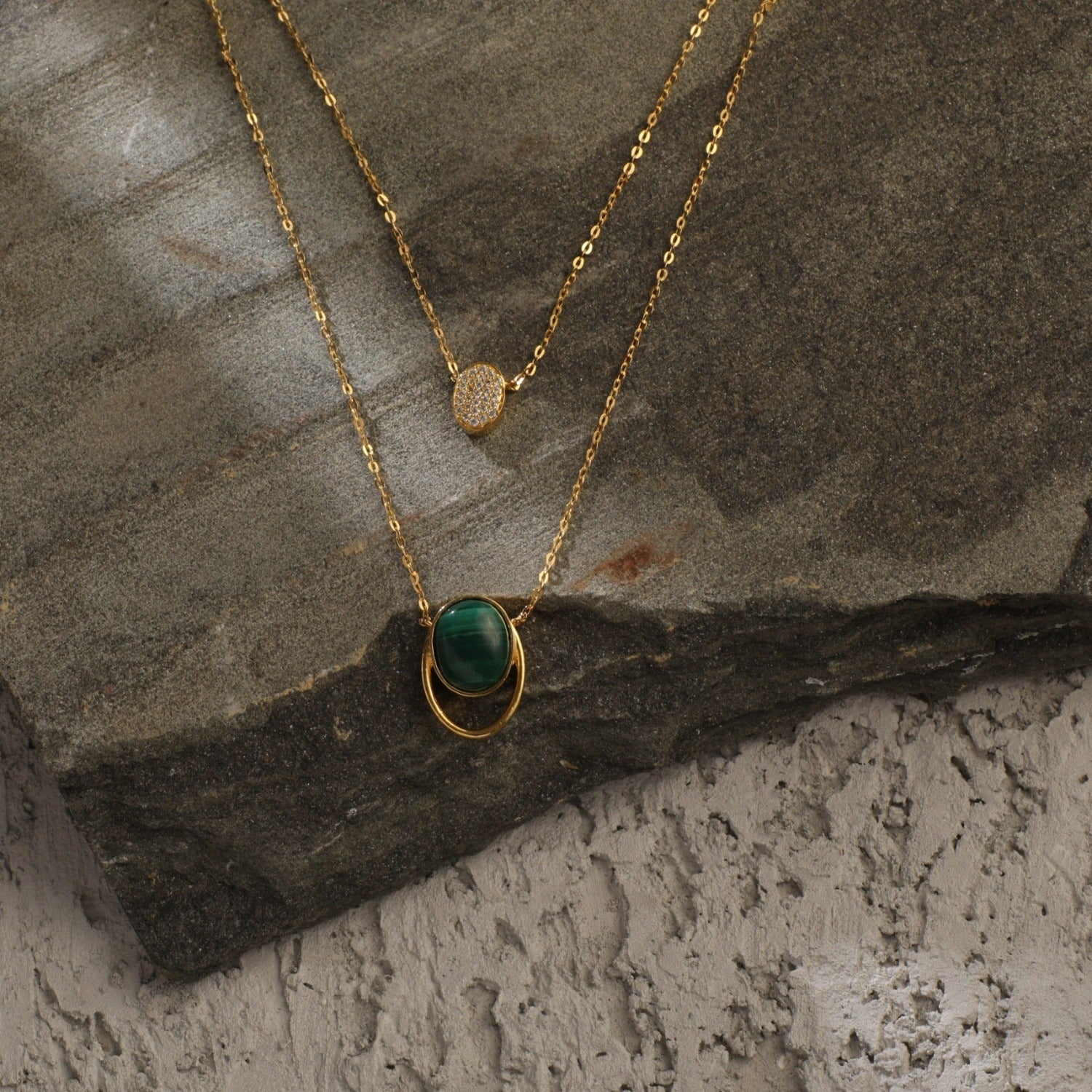 Malachite Duo Layer Oval Charm Silver Necklace