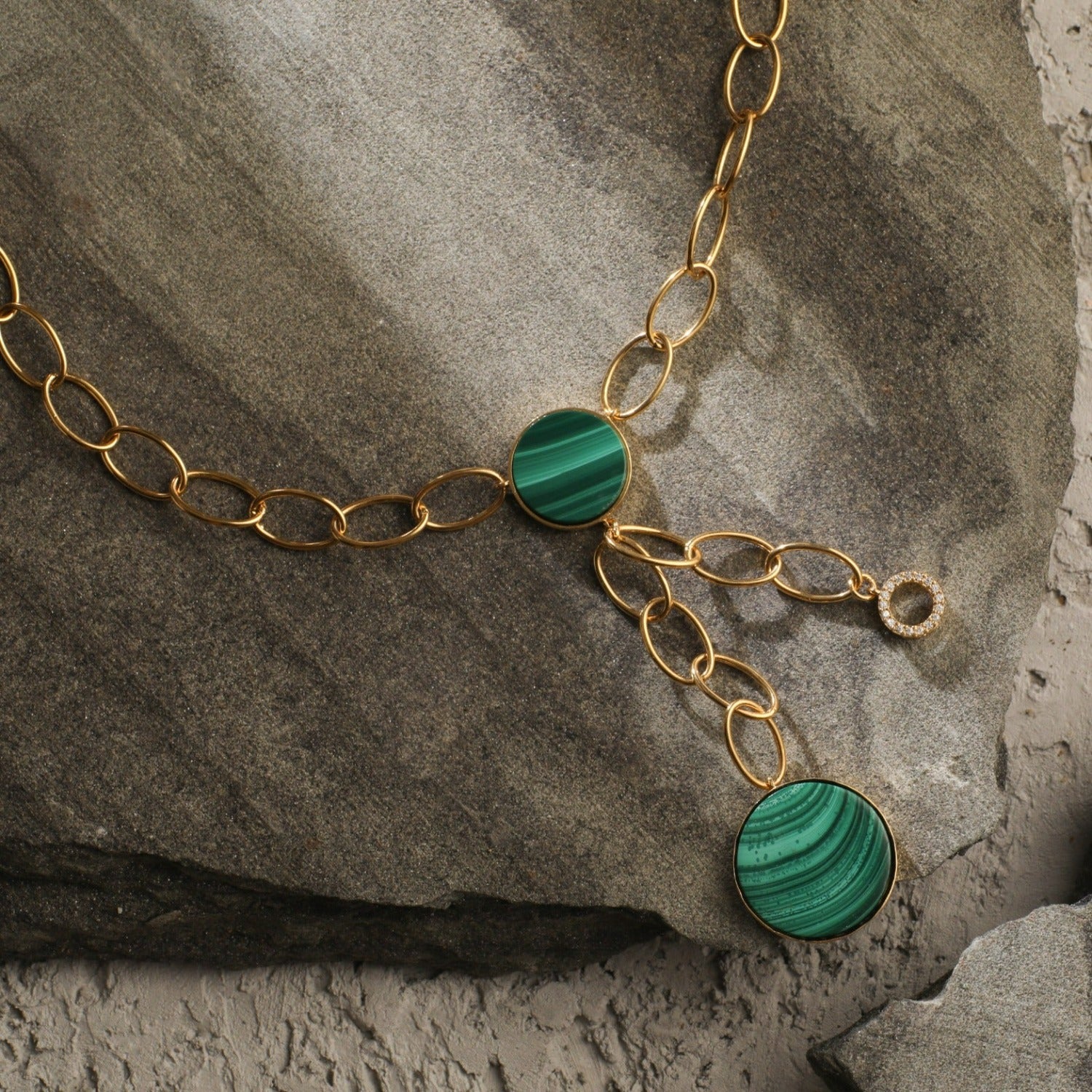 Malachite Dual Charm Silver Tie-Chain Necklace