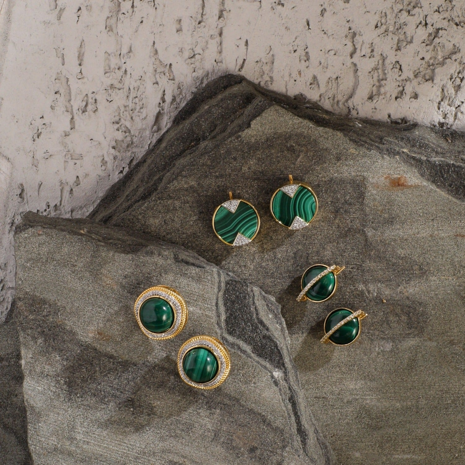 Malachite Geometric Silver Stud Earrings