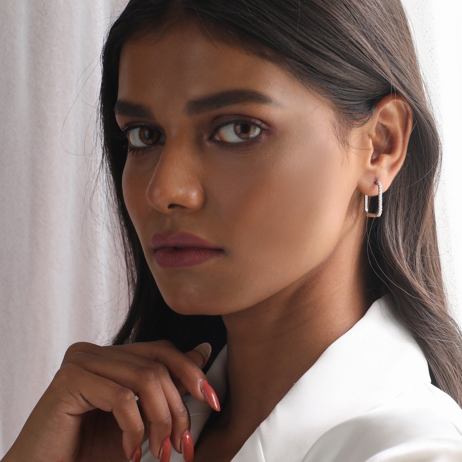 Single Pave Square Hoop Silver Earrings