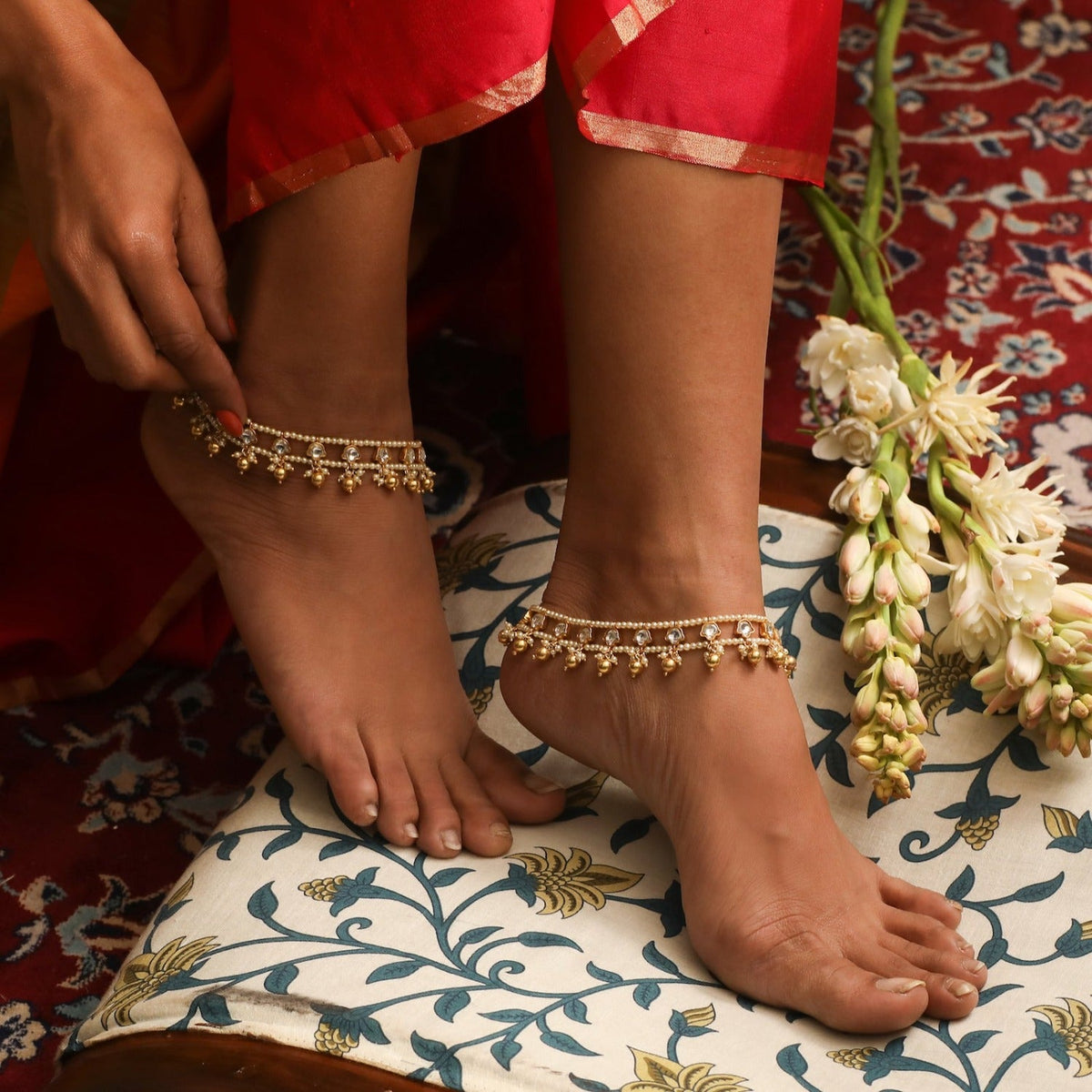 Anklets Liya Jadau Pearl Silver Anklets