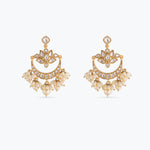 A picture of a pair of silver earrings set with Kempu and Jadau stones on a white background.