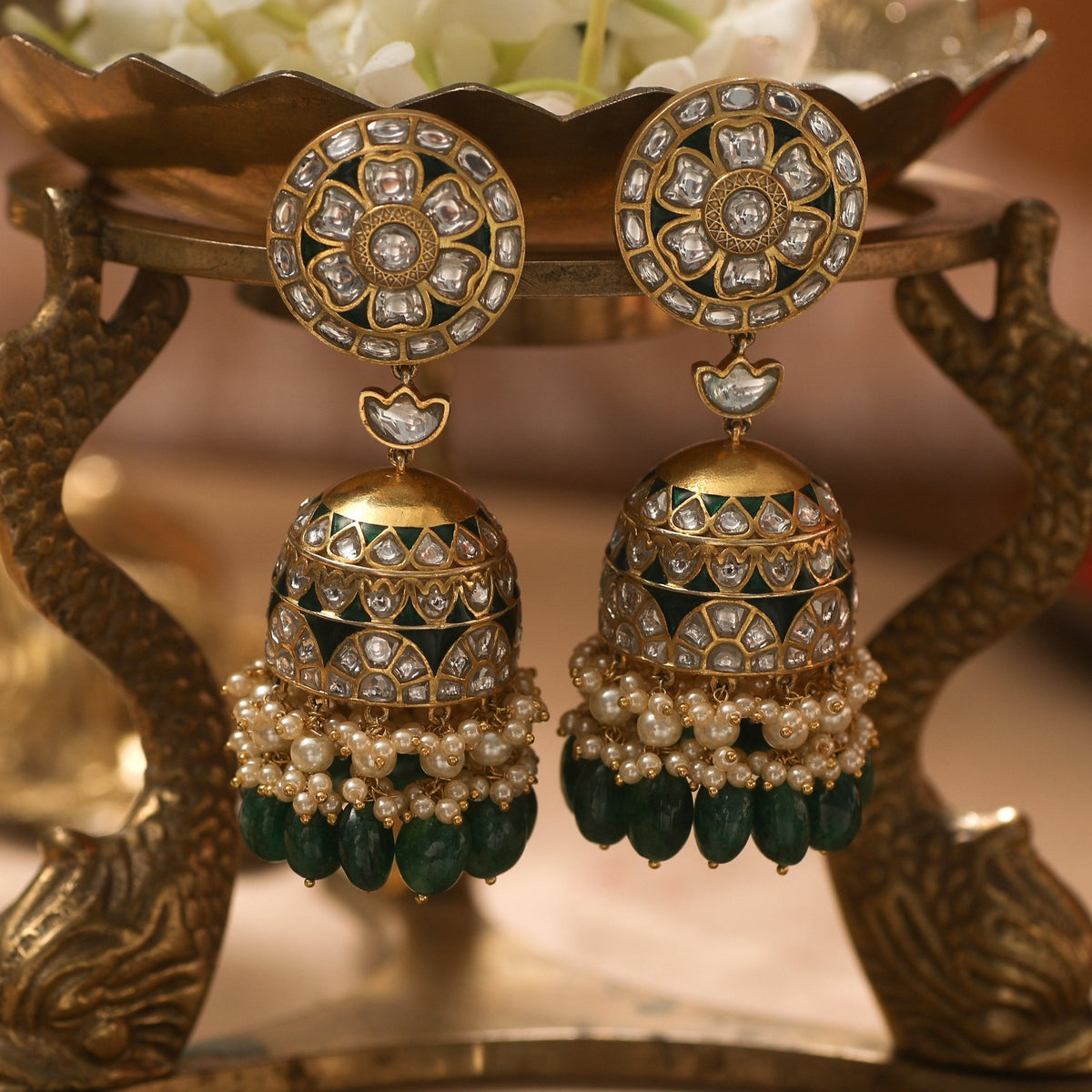 Khandika Polki Jadau Silver Jhumki Earrings