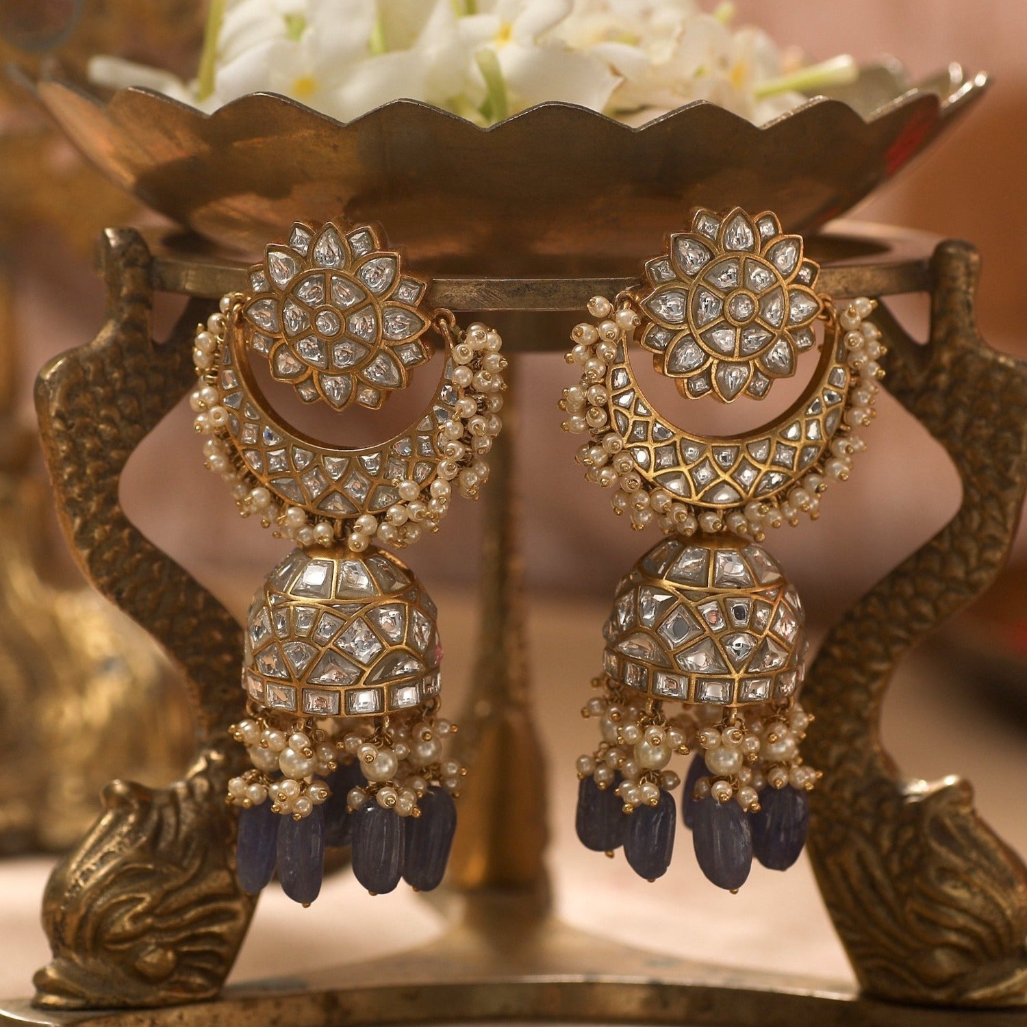 Lila Jadau Polki Silver Jhumki Earrings