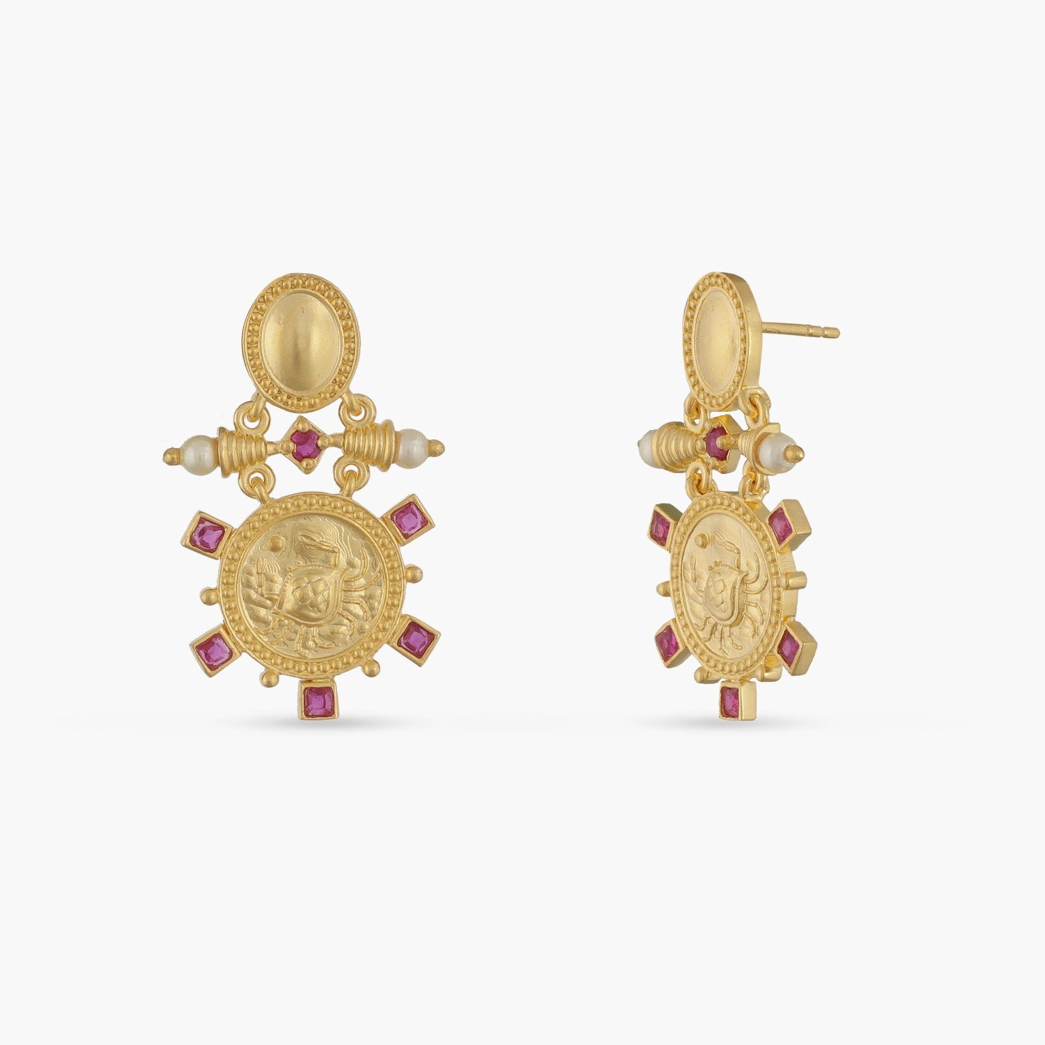 Ruby Cancer Zodiac Gold Plated Silver Earrings