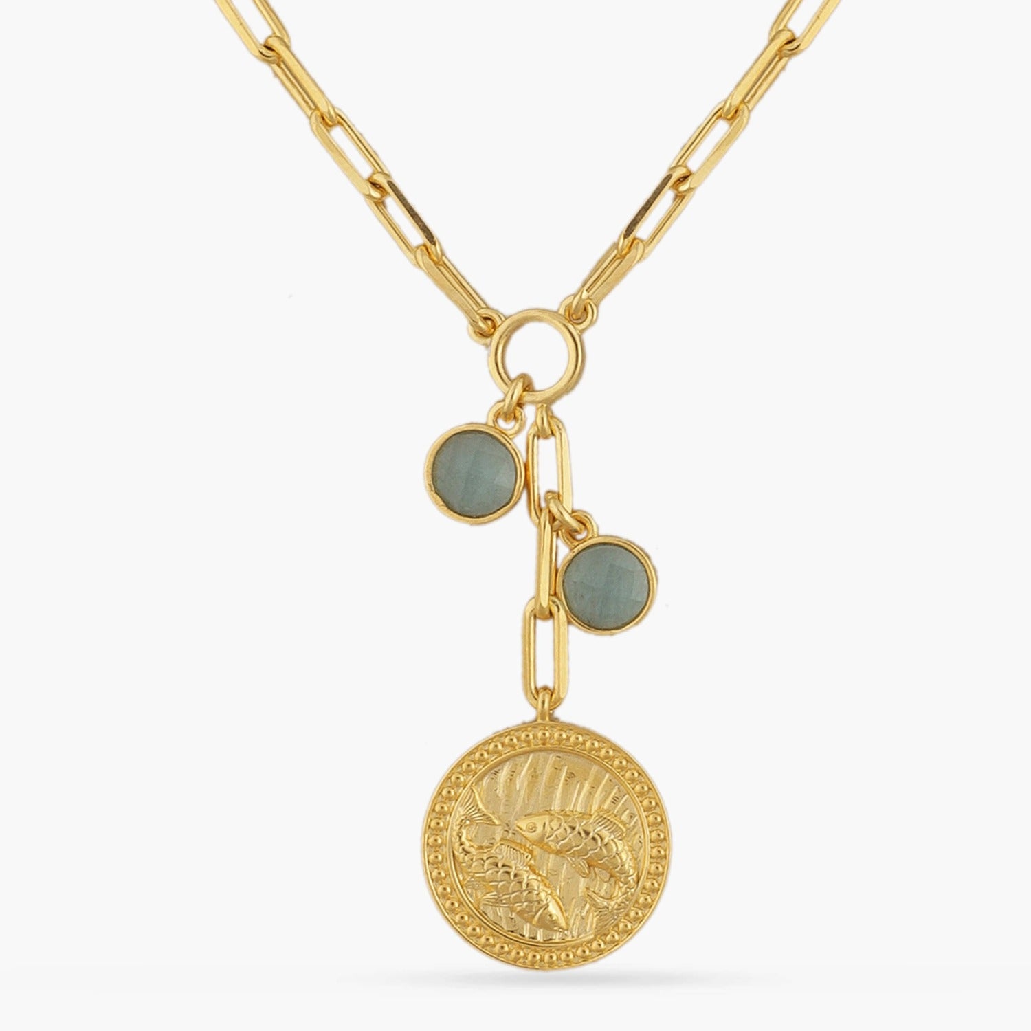 Aquamarine Pisces Zodiac Coin Gold Plated Silver Necklace