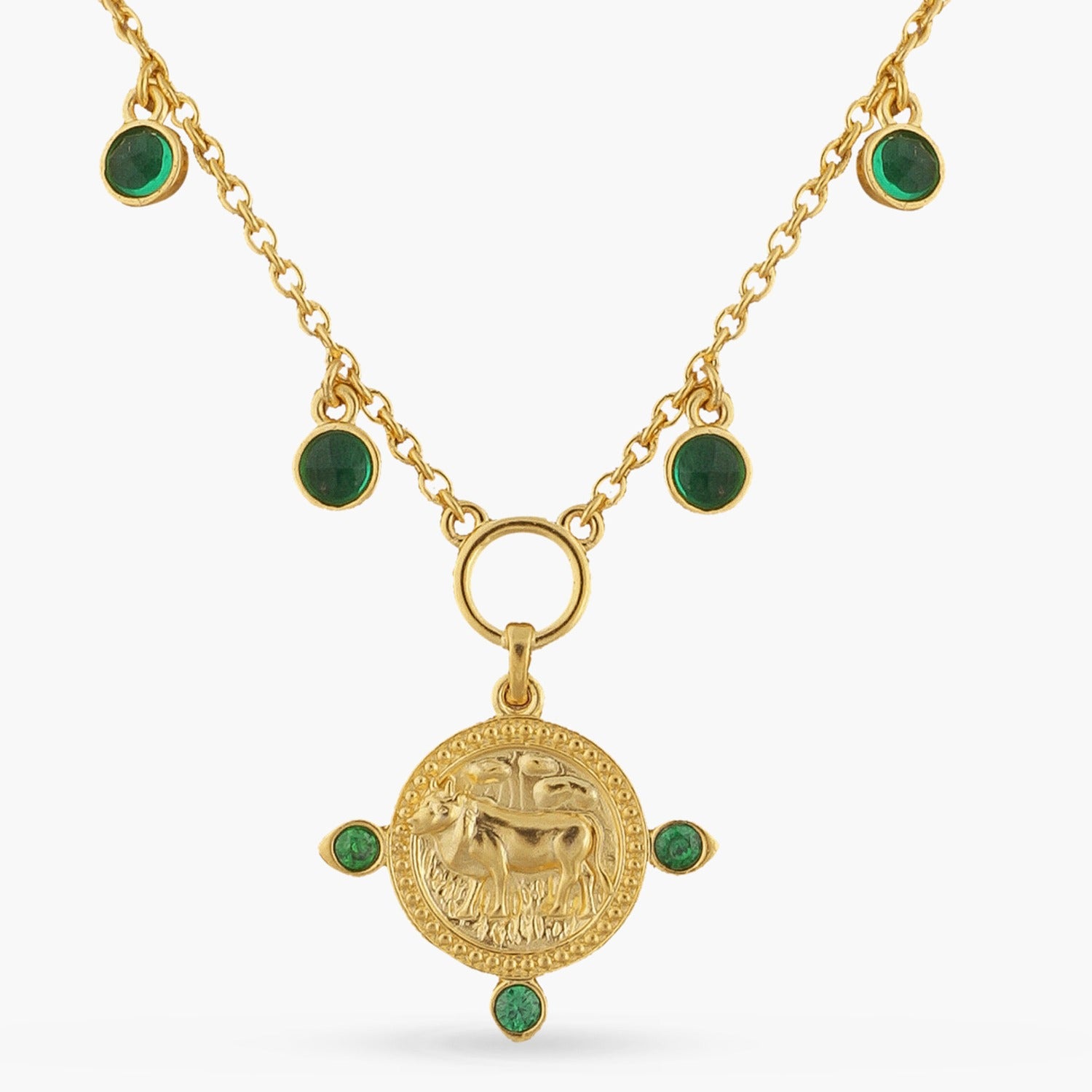 Emerald Taurus Zodiac Coin Gold Plated Silver Necklace