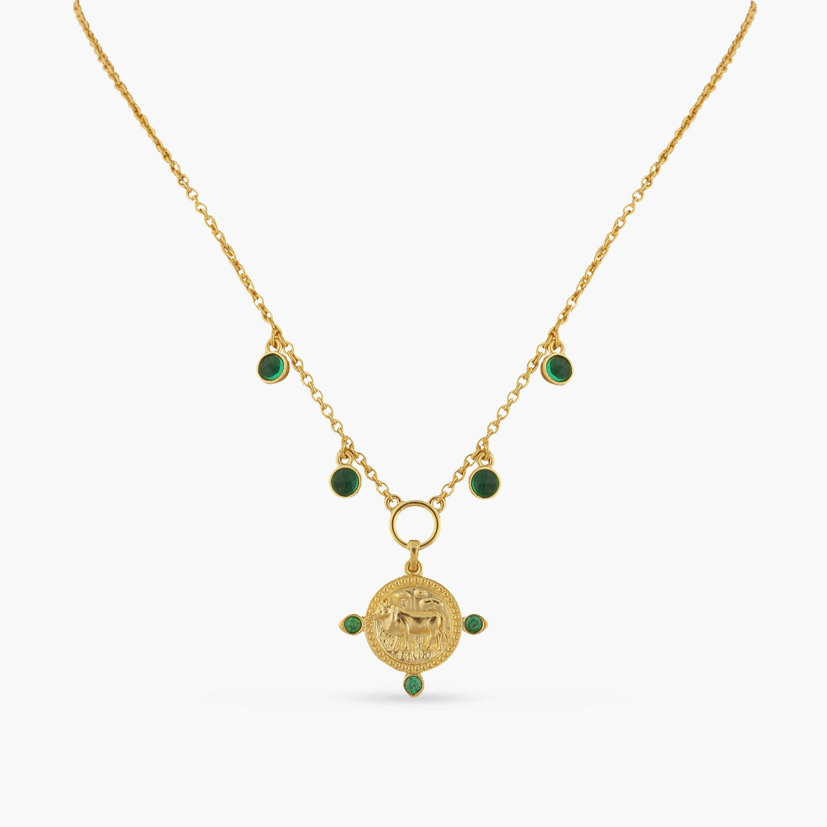 Emerald Taurus Zodiac Coin Gold Plated Silver Necklace