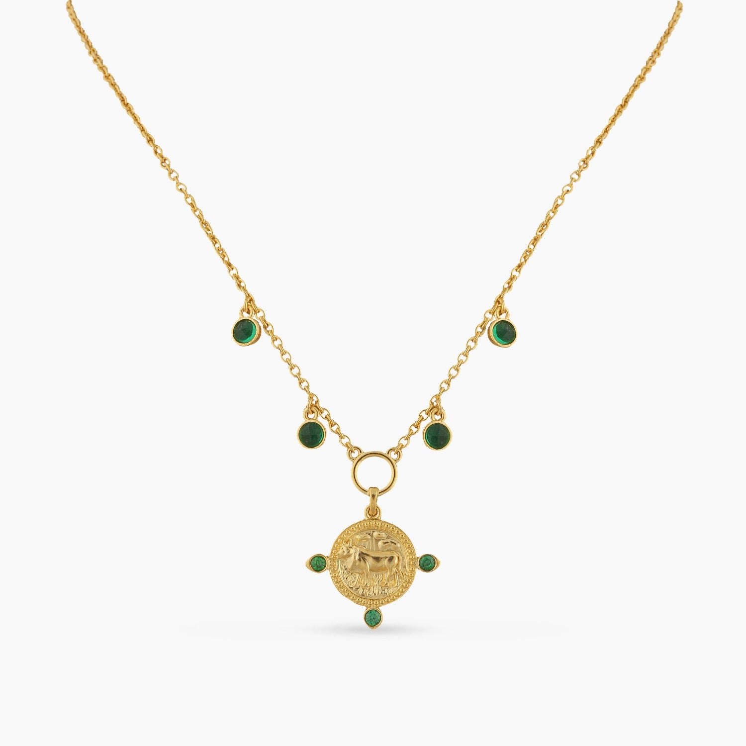 Emerald Taurus Zodiac Coin Gold Plated Silver Necklace