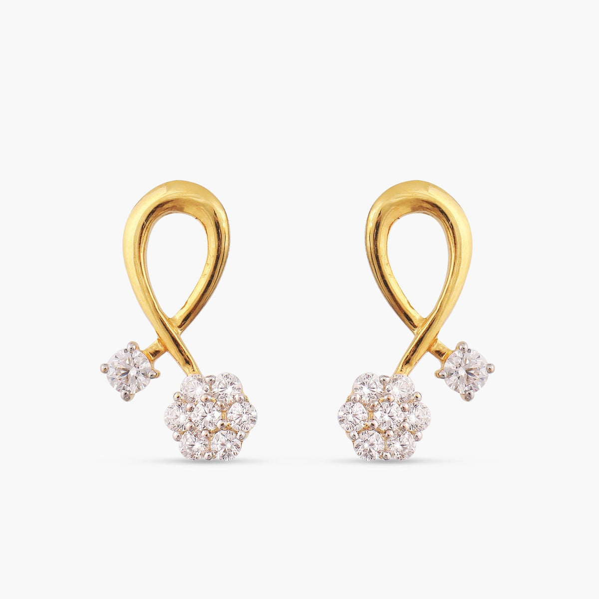 A picture of a pair of gold plated silver earrings with Cubic Zirconia on a white background.