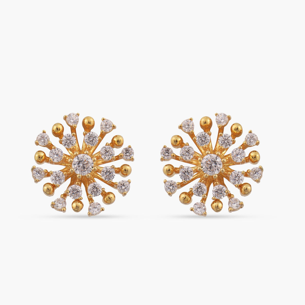 A picture of a pair of silver earrings with Cubic Zirconia stones in floral design.