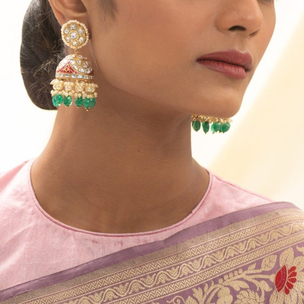 Vilasin Enamel Jadau Silver Jhumki Earrings