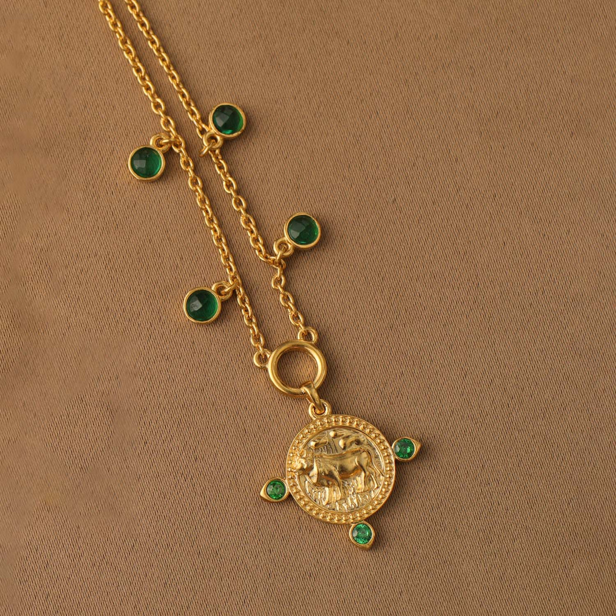 Necklaces Emerald Taurus Zodiac Coin Gold Plated Silver Necklace