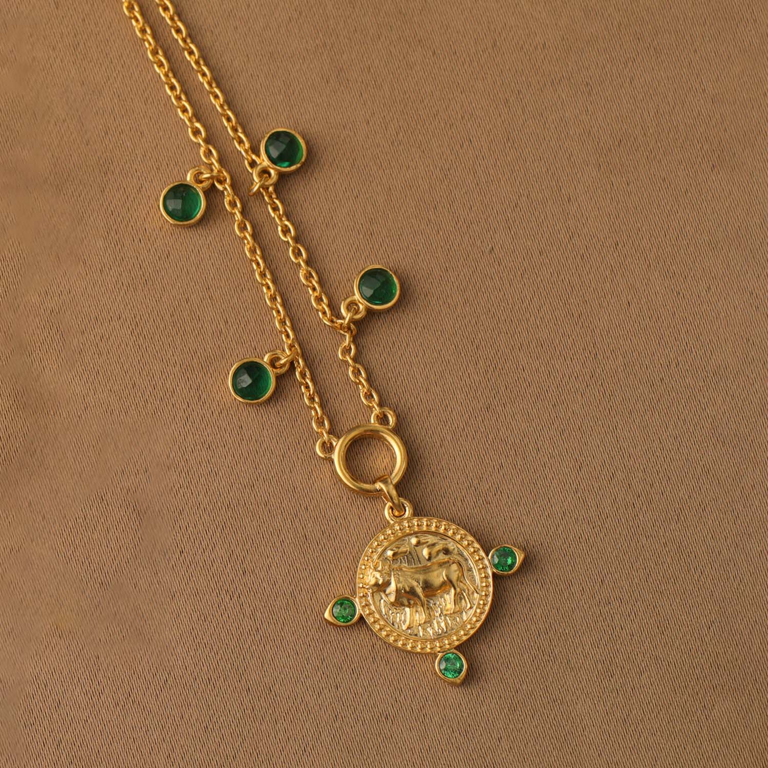 Emerald Taurus Zodiac Coin Gold Plated Silver Necklace